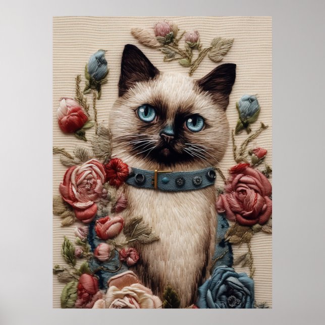 Siamesisk katt och Ro 3D Embroidery Art Poster (Framsidan)
