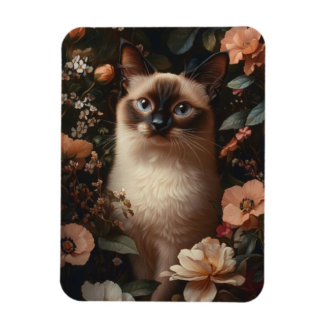 Siamesisk katt omgiven av Rosa Flowers Flexibel Magnet (Vertikal)