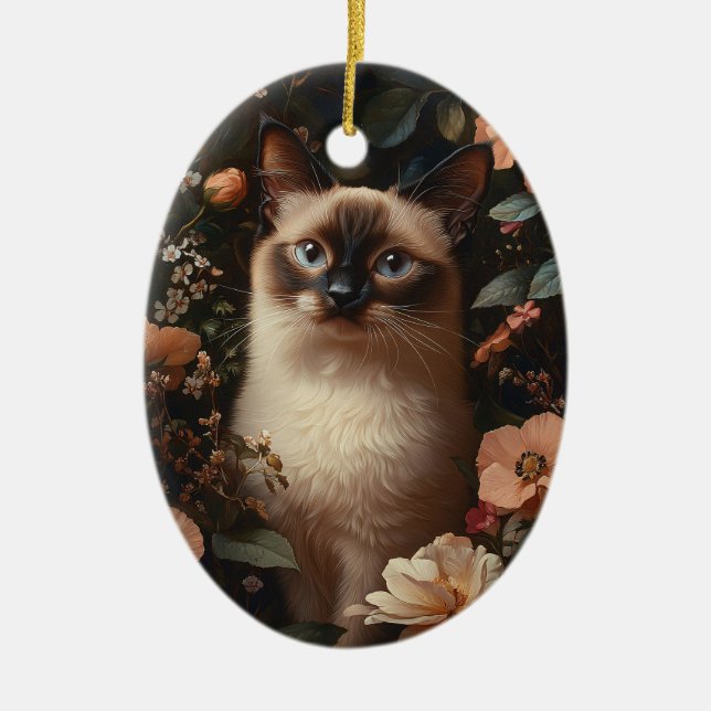Siamesisk katt omgiven av rosablommor julgransprydnad keramik (Framsidan)