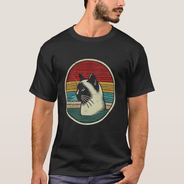 Siamesisk Katt Retro Solnedgång T Shirt (Framsida)