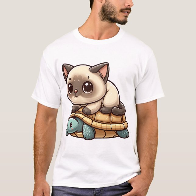 Siamesisk katt rider sköldpadda t shirt (Framsida)