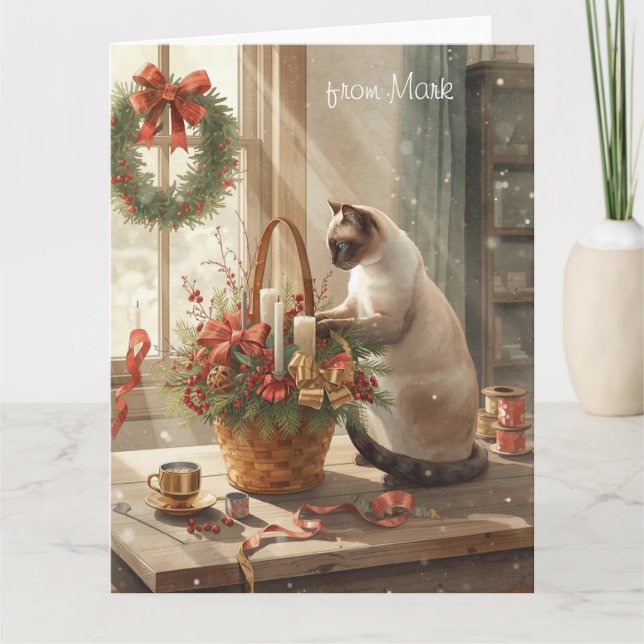 Siamesisk katt som arrangerar blommor för Vinterju Kort (Framsida)