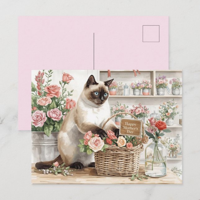 Siamesisk katt som arrangerar blommor till mors da vykort (Fram/baksida)