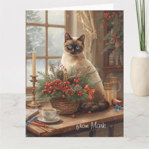Siamesisk katt som arrangerar blommor Vinter Jul  Kort