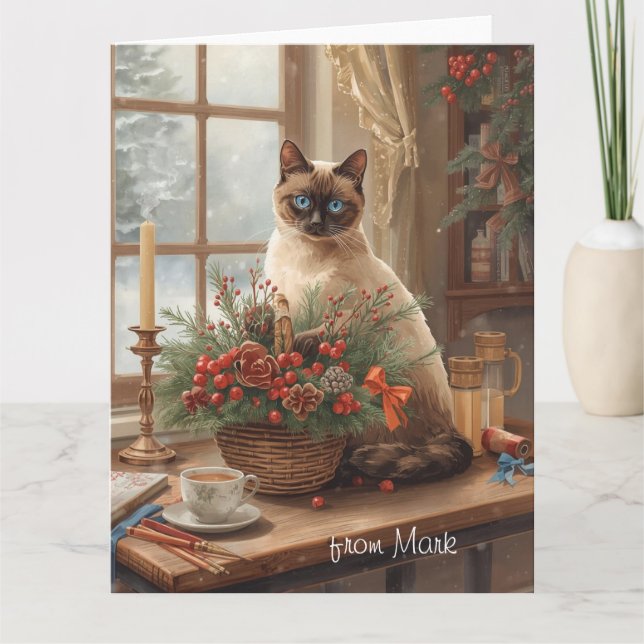 Siamesisk katt som arrangerar blommor Vinter Jul  Kort (Framsida)
