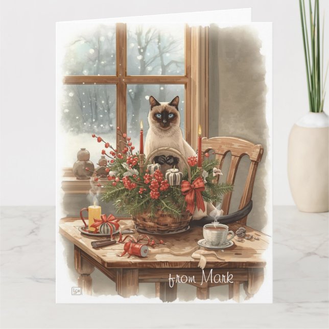 Siamesisk katt som arrangerar blommor Vinter Jul  Kort (Framsida)