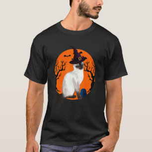 Siamesisk Katt Söt Halloween Häxa Hatt Och Måne T Shirt