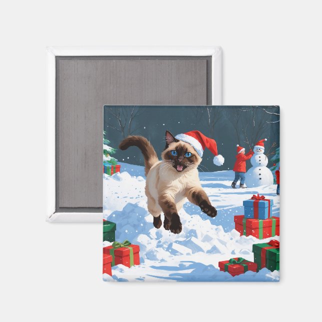 Siamesisk katt springer i snö med julhatt magnet (Front/Back)