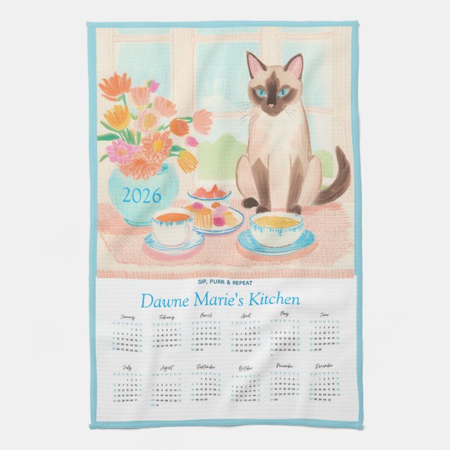 Siamesisk katt, tekoppar och kökshanddukskalender  kökshandduk (Vertikal)