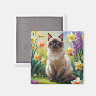 Siamesisk katt vårblommor målning magnet