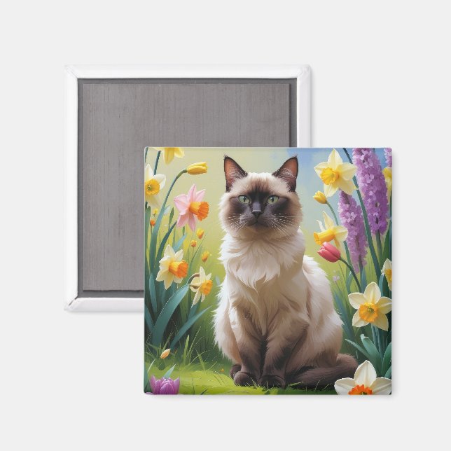 Siamesisk katt vårblommor målning magnet (Front/Back)