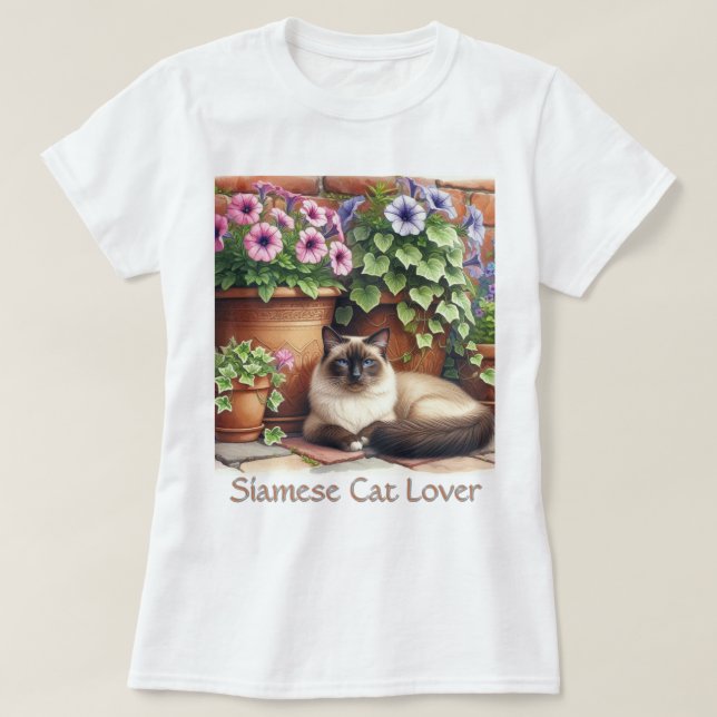 Siamesisk kattälskare / Rosa Petunia blommor  T Shirt (Design framsida)