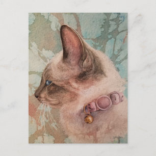 Siamesisk kattunge Rosa halsband Akvarell Konst vy Vykort