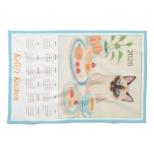 Siamesiska klor & Tekopp Kökshandduk Kalender
