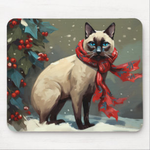 Siamessisk katt i snö jul musmatta