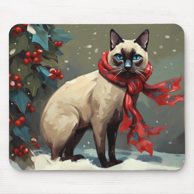 Siamessisk katt i snö jul musmatta (Framsidan)