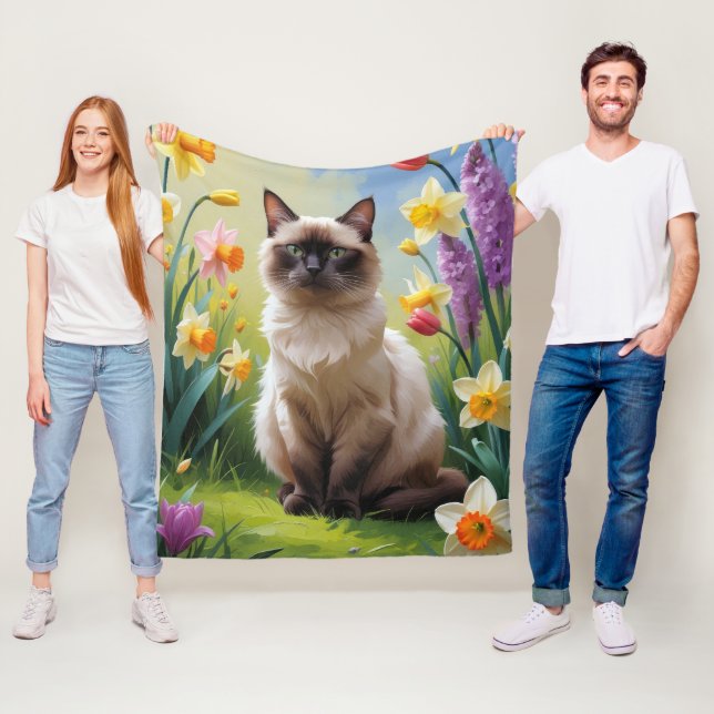 Siamessisk katt vårblommor målning fleecefilt (På plats)