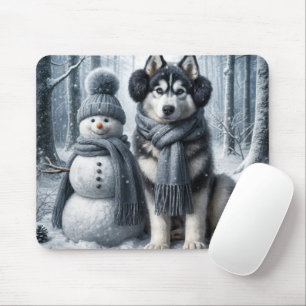 Siberan Husky med Snögubbe Musmatta