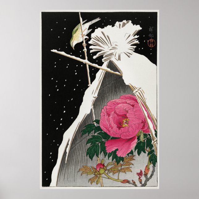 Siberian Bluechat Next to a Peony av Ohara Koson Poster (Framsidan)