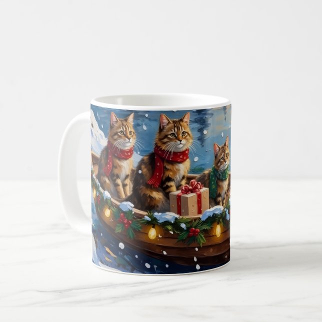 Siberian Cat Christmas Boat Holiday Kaffemugg (Framsida vänster)