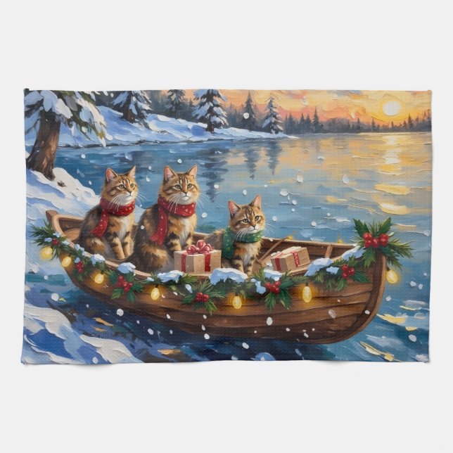Siberian Cat Christmas Boat Holiday Kökshandduk (Horisontell)