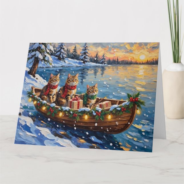 Siberian Cat Christmas Boat Holiday Kort (Framsida)