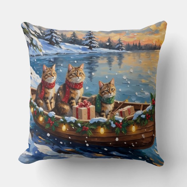 Siberian Cat Christmas Boat Holiday Kudde (Framsida)