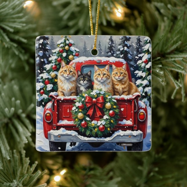 Siberian Cat Christmas Red Truck Holiday Julgransprydnad Keramik (Träd)