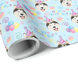 Siberian Husky Birthday Gift Wrapping Paper Blue Presentpapper