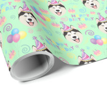 Siberian Husky Birthday Gift Wrapping Paper Green