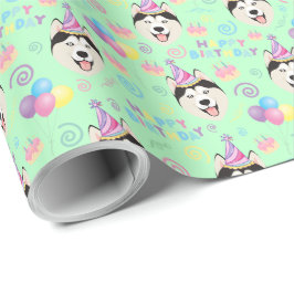 Siberian Husky Birthday Gift Wrapping Paper Green Presentpapper