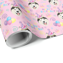 Siberian Husky Birthday Gift Wrapping Paper Pink Presentpapper