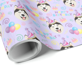 Siberian Husky Birthday Gift Wrapping Paper Purple Presentpapper