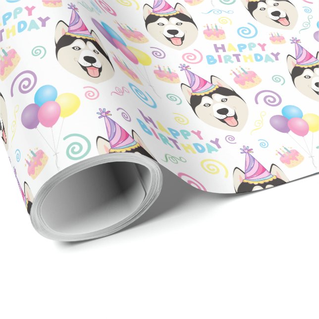 Siberian Husky Birthday Gift Wrapping Paper White Presentpapper (Rullad Hörn)