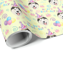 Siberian Husky Birthday Gift Wrapping Paper Yellow Presentpapper