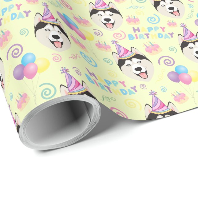Siberian Husky Birthday Gift Wrapping Paper Yellow Presentpapper (Rullad Hörn)