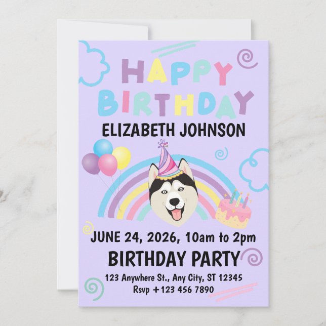 Siberian Husky Birthday Invitation in Purple Inbjudningar (Framsida)