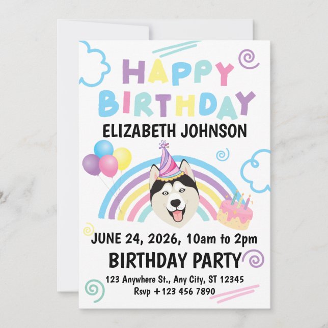 Siberian Husky Birthday Invitation in White Inbjudningar (Framsida)