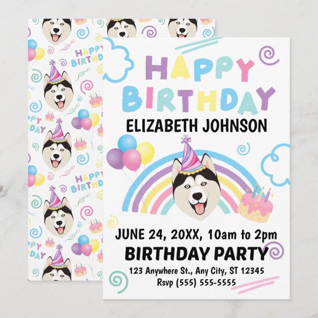 Siberian Husky Birthday Invitation Inbjudningar (Fram/baksida)