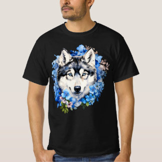 Siberian Husky Blue Floral Watercolor Portrait T Shirt