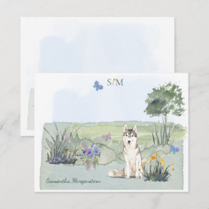 Siberian husky Butterfly Meadow Monogram & Namn Anteckningskort