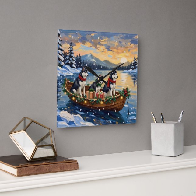 Siberian Husky Christmas Boat Holiday Fyrkantig Klocka (Kontor)