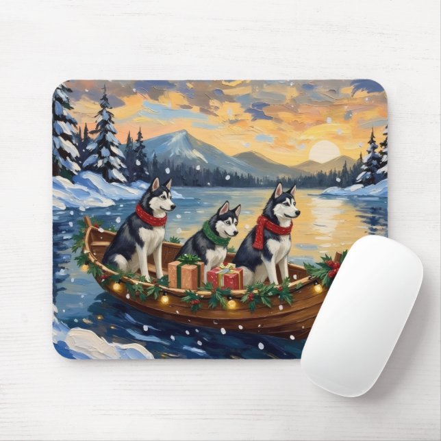 Siberian Husky Christmas Boat Holiday Musmatta (Med mus)