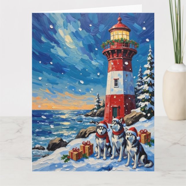 Siberian Husky Christmas Lighthouse Holiday Kort (Framsida)