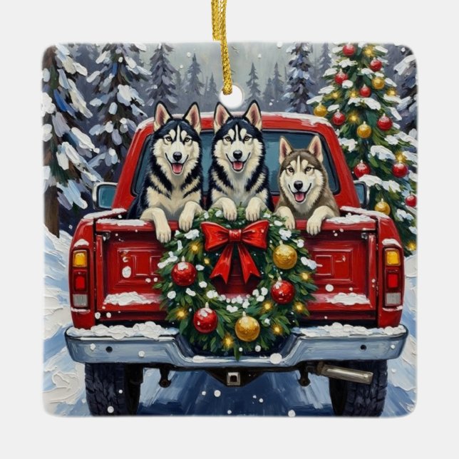 Siberian Husky Christmas Red Truck Holiday Julgransprydnad Keramik (Framsida)