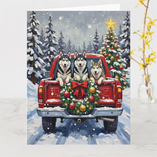 Siberian Husky Christmas Red Truck Holiday Kort (Gul blomma)