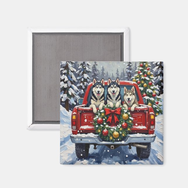 Siberian Husky Christmas Red Truck Holiday Magnet (Front/Back)