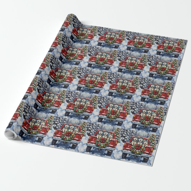Siberian Husky Christmas Red Truck Holiday Presentpapper (Utrullad)