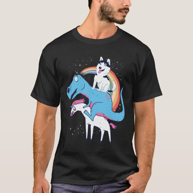 Siberian husky Dinosaur Riding Unicorn Rex Husky T Shirt (Framsida)