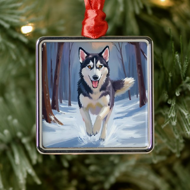 Siberian Husky | Dog Painting Winter Julgransprydnad Metall (Träd)